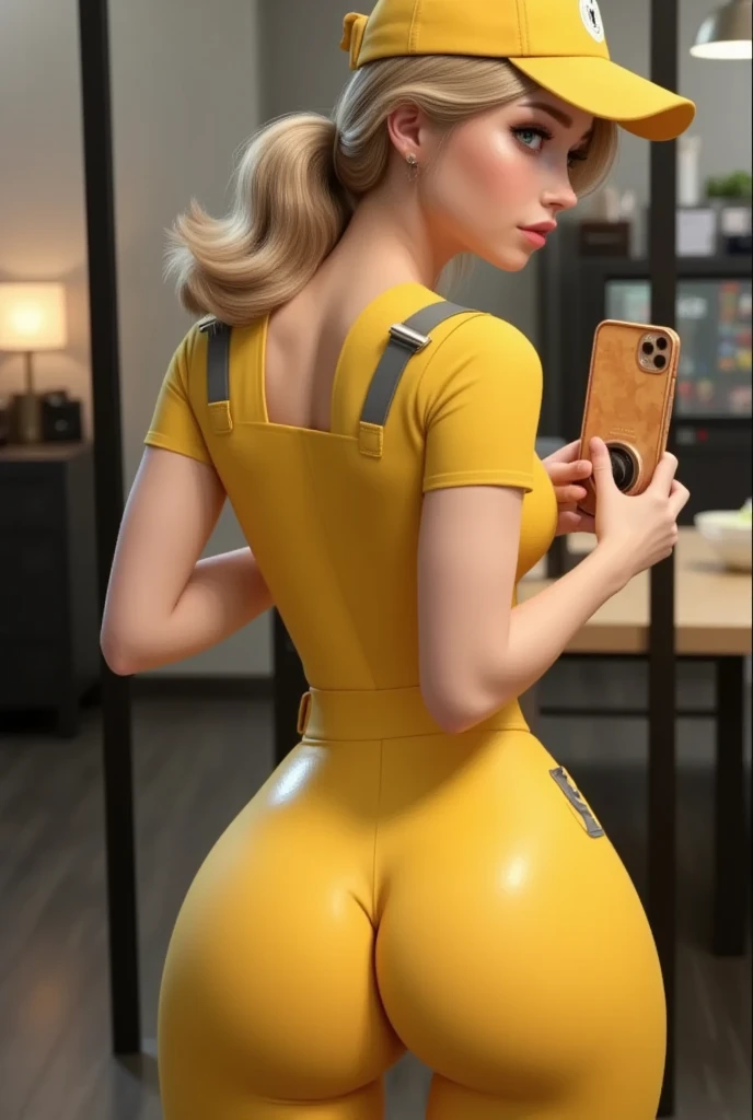 3d render, Pixar, beautiful woman is wearing a yellow tight overall, butt mirror selfie, backwards holding a phone, the overall accentuates his huge hips, very thin waist, stylized body, blonde, wearing a yellow cap, looking to the camera, mechanic, oil Spots, dirty, 3d model, sharp 3d model, Shiny overall, leaning forward, curly hair, light blue eyes