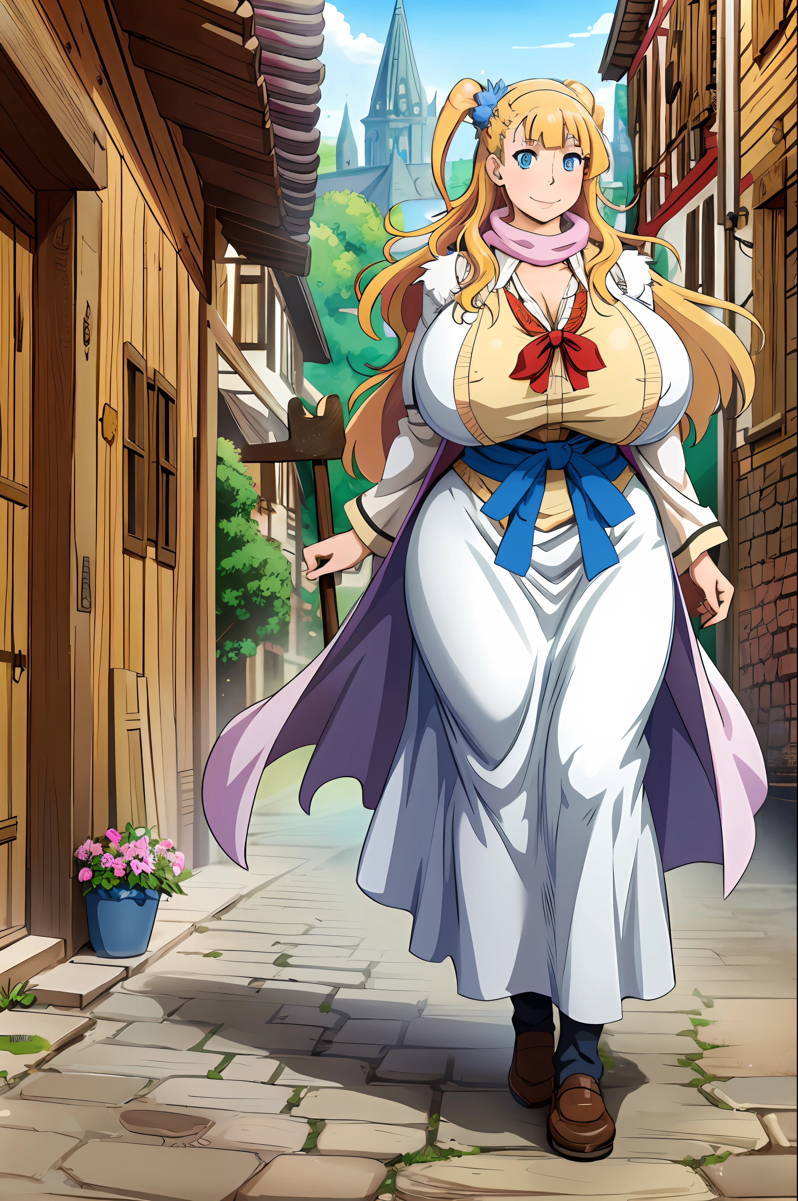 masterpiece, best quality,,gigantic breasts,smile,galko huge breast, mature, long skirt, modes, traditional french cloths, priestess, , walking, medieval village, flowers, fantasy village, staff holding, nun, vest, fur coat,scarf, cape, forest