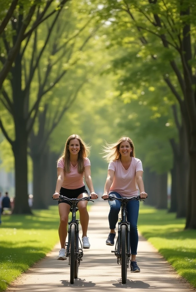 Two naked white-skinned women of medium stature in sneakers ride bicycles through a blooming meadow