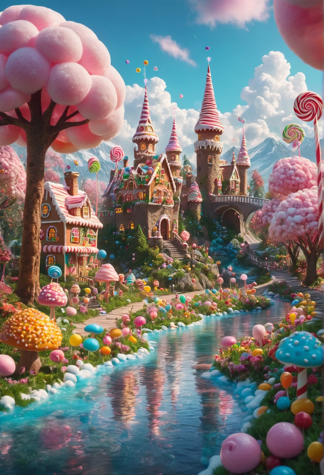 (best quality,4k,8k,highres,masterpiece:1.2),ultra-detailed,(realistic,photorealistic,photo-realistic:1.37),candyland,illustration,colorful,vibrant,whimsical,surreal,fantasy,delicious edibles,marshmallow trees,licorice pathway,gingerbread houses,glowing lollipops,cotton candy clouds,juicy gummy bears,sugar-coated mushrooms,sparkling chocolate river,caramel slides,candy cane flowers,enchanted castle made of candy,playful fairies,ren laughing and playing,golden sunshine,soft pastel colors,magical atmosphere.