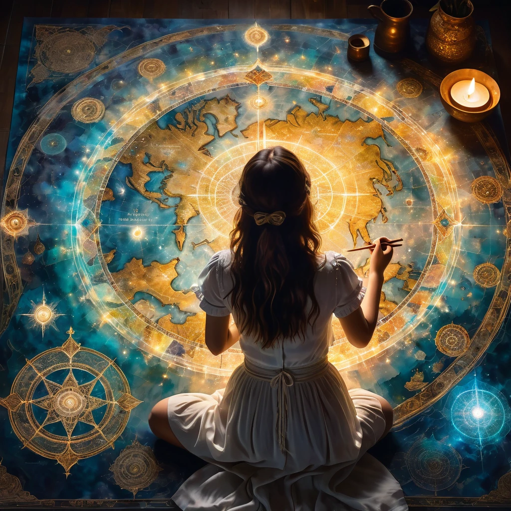  View from above .  The girl is drawing an old antique map Hold 、 looking at it .  adventure .   light particles are emitted from the map  .   ancient symbols are drawn on the map  , Chakra, Mandala, and ancient characters  . A touch of Impressionism , Western Paintings , oil,  inexplicable symbols , Shining Star, Ripples of Light, Impressionism , classicism, Gothic art.  maps emit light 、 creating light effects around it . Ripples of Light. The glow spreads,  It gives the impression that soft light spreads through the background.   and express a sense of kindness and security throughout  .  add brilliance with light radiation and fine particles . Warming the hearts of the beholders、 finished in a bright and warm design .  adding elegance with a spiritual touch .