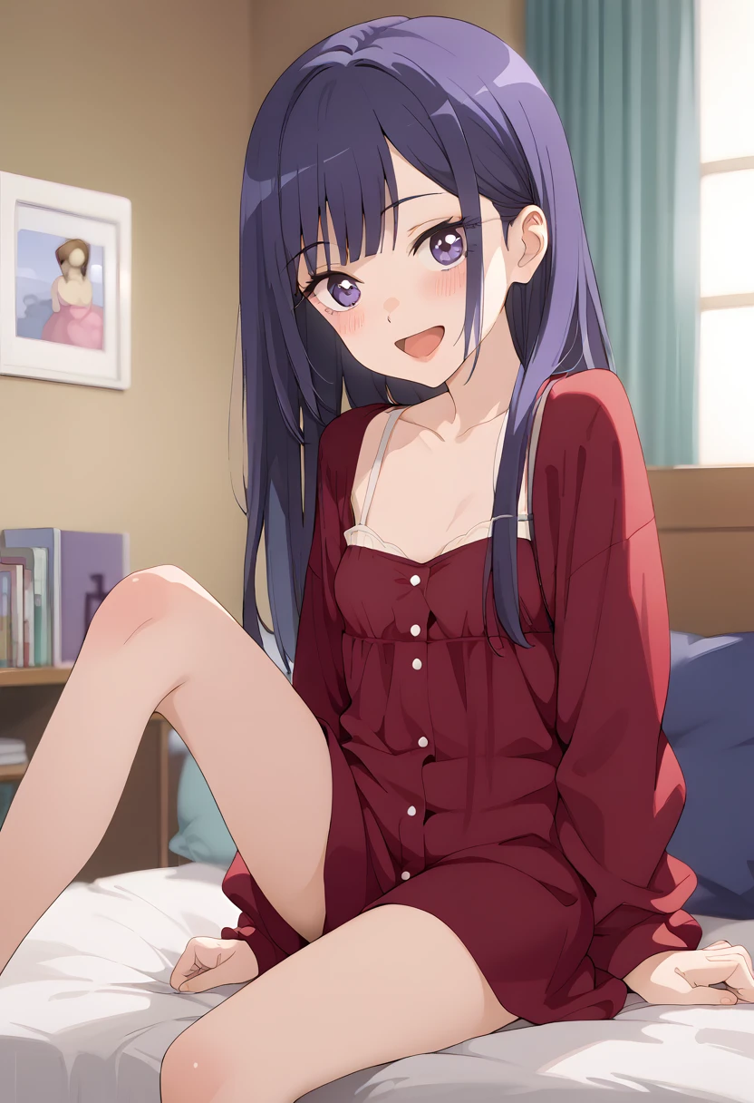 ((Best Quality)), ((masterpiece)), (be familiar with),  perfect face, indoor, bedroom,  watching viewers ,
One woman,  Kitakawa Kaiumi,
 characters with open mouth ,  ecstatic expression, blush, smile,
Small breasts,  flat chest, Young girl, Lori,  s,  girl,
Long Hair,  long hair,
Leg spread,