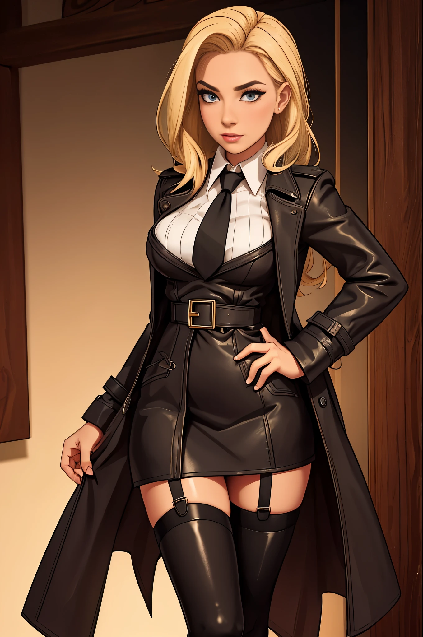 blonde bombshell, leather trenchcoat, stockings, garters