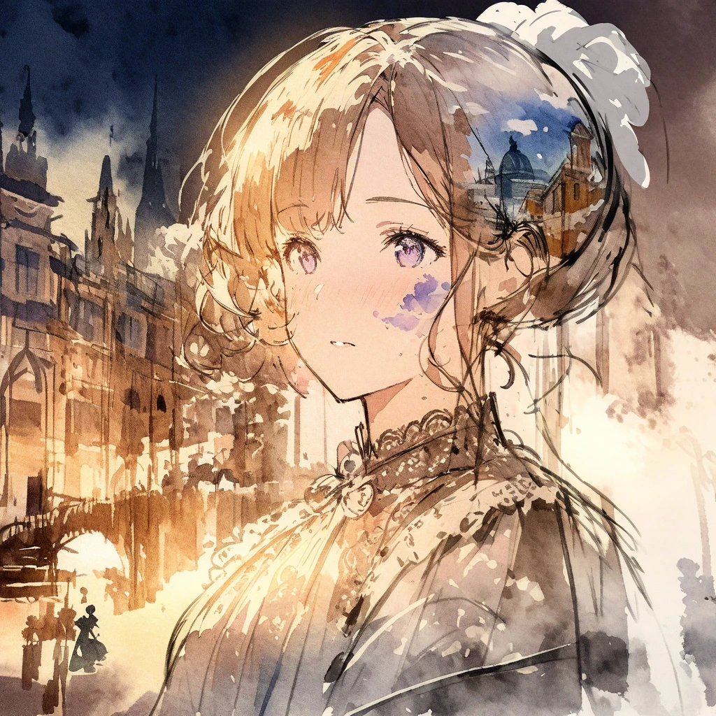 ((sketch:1.5)), ((watercolor:1)), Double Exposure of a Beautiful and Delicate Woman (The face is clear and perfect)image，Background、 Perfect Ultra Detailed Victorian Scenery , beautiful,  complicated illustration,  Artwork Concept Artwork, break,(Cleaning cleans one's mind),