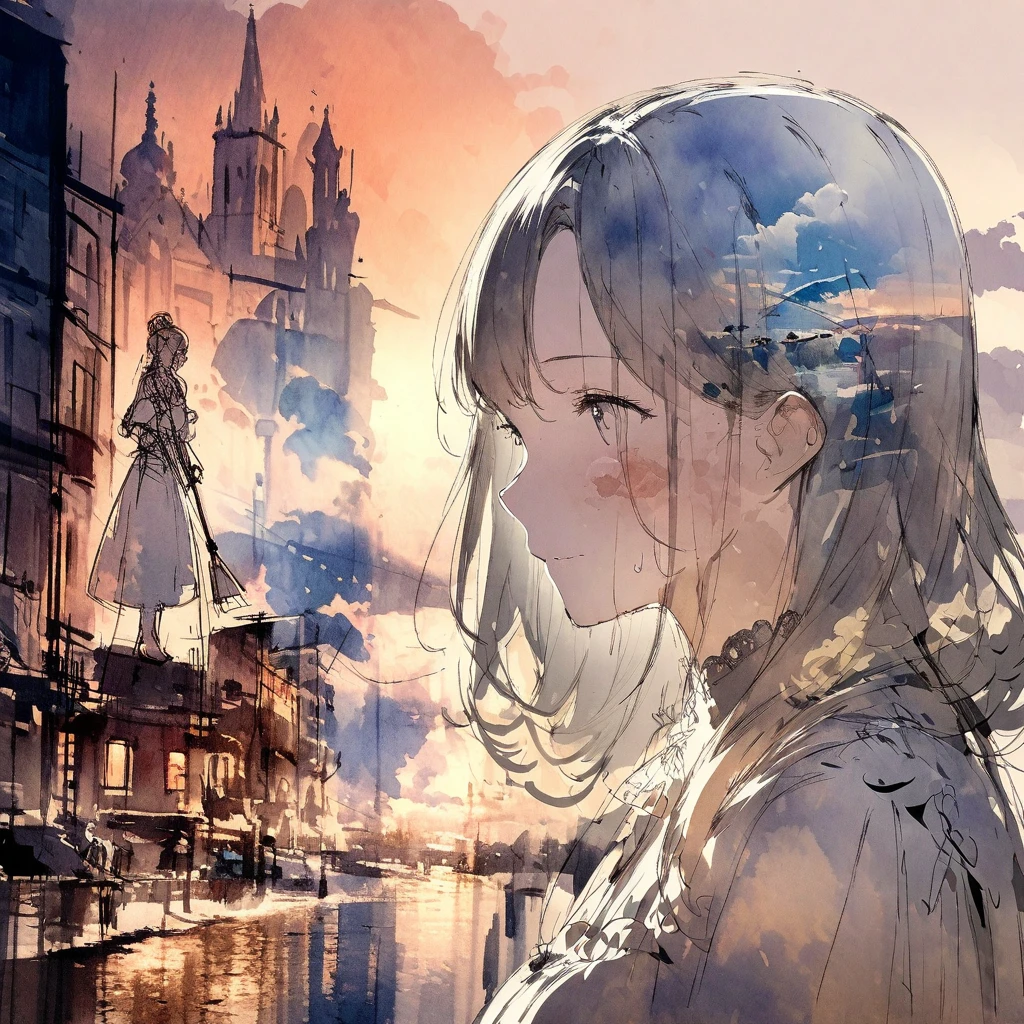 ((sketch:1.5)), ((watercolor:1)), Double Exposure of a Beautiful and Delicate Woman (The face is clear and perfect)image，Background、 Perfect Ultra Detailed Victorian Scenery , beautiful,  complicated illustration,  Artwork Concept Artwork, break,(Cleaning cleans one's mind),