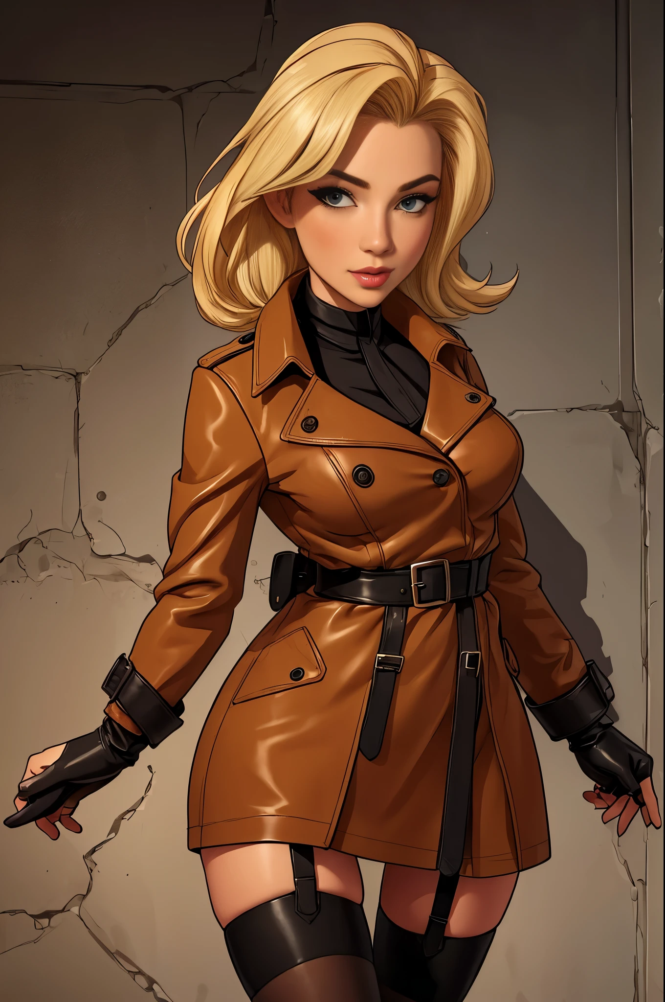 blonde bombshell, leather trenchcoat, stockings, garters