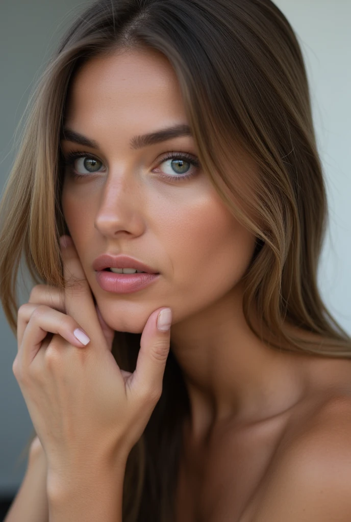 A pretty girl with seductive eyes, sex, naked, with his tongue hanging out, opening the shell