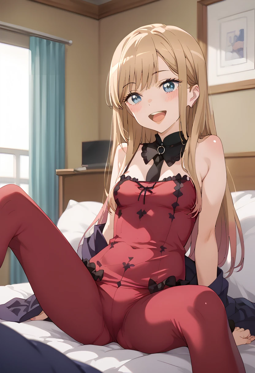 ((Best Quality)), ((masterpiece)), (be familiar with),  perfect face, indoor, bedroom,  watching viewers ,
One woman,  Kitakawa Kaiumi,
 characters with open mouth ,  ecstatic expression, blush, smile,
Small breasts,  flat chest, Young girl, Lori,  s,  girl,
Long Hair,  long hair,
Leg spread,