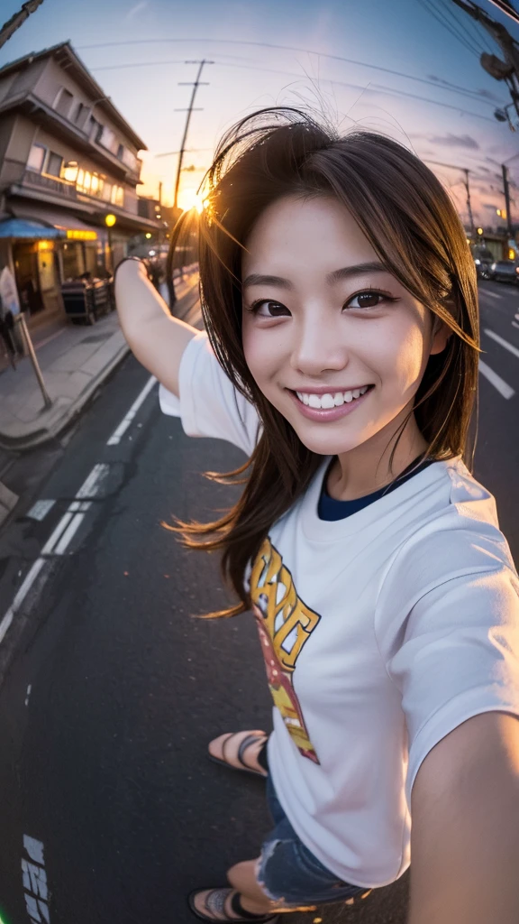  One person, ((fish eye, Selfie)), Wind, Dirty hair, sunset, Streetscape ...