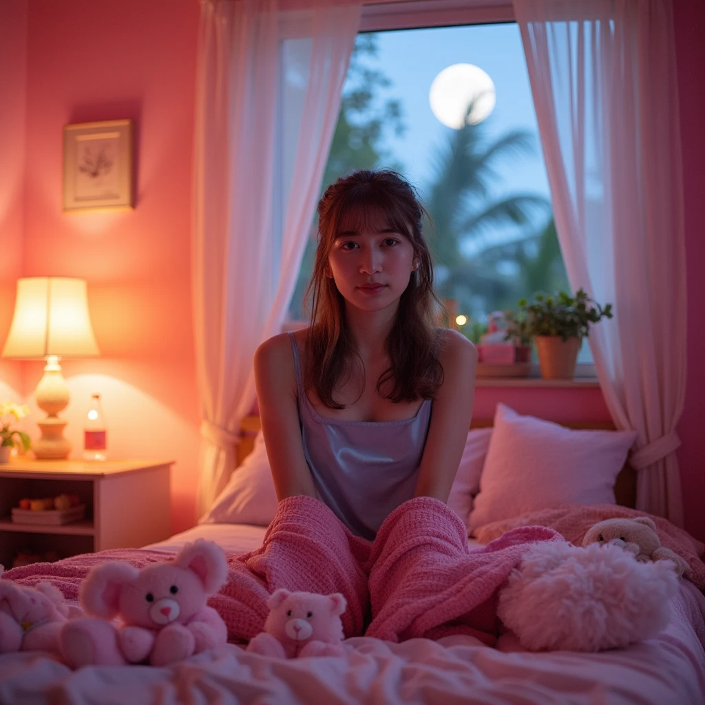 A cozy bedroom with pastel pink walls illuminated by warm, soft lighting from a table lamp on a bedside table. The room is set at dusk with a large window showing a full moon and tropical plants outside, casting a serene glow. A young woman sits on the bed in a light blue satin top, looking confident and slightly playful, with tousled hair. She has a soft pink blanket wrapped around her waist, adding warmth and comfort to the scene. The bed is adorned with cute, fluffy teddy bears and pastel-colored pillows, enhancing the girly, youthful charm. The bedding and surrounding decor are in soft, pastel colors that complement the pink walls, creating a harmonious and cute atmosphere. The lighting gently blends warm and cool tones for a balanced, inviting, and whimsical look, full of sweet, playful details.