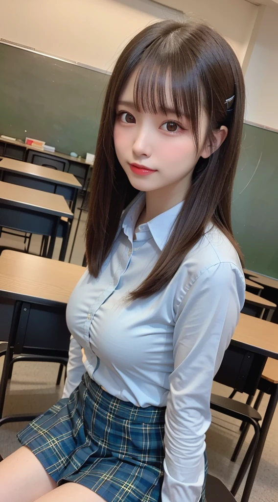 NSFW,(Super big breasts、valley),The front hair is up、Wearing 、(High school classroom)、double eyelids、Tear bags、Big, round eyes、Long eyelashes)、highest quality