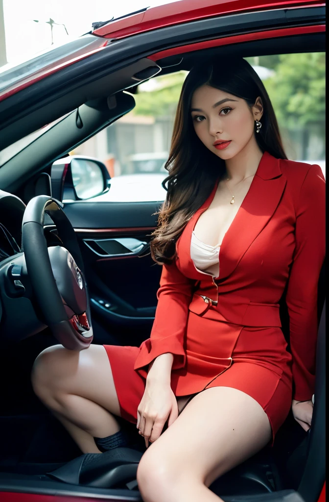 korean girl cosplaying scuderia Ferrari formula 1, with a short sexy outfit referring to scuderia Ferrari, red in color, black and yellow, big tits, slim physical build with cleavage