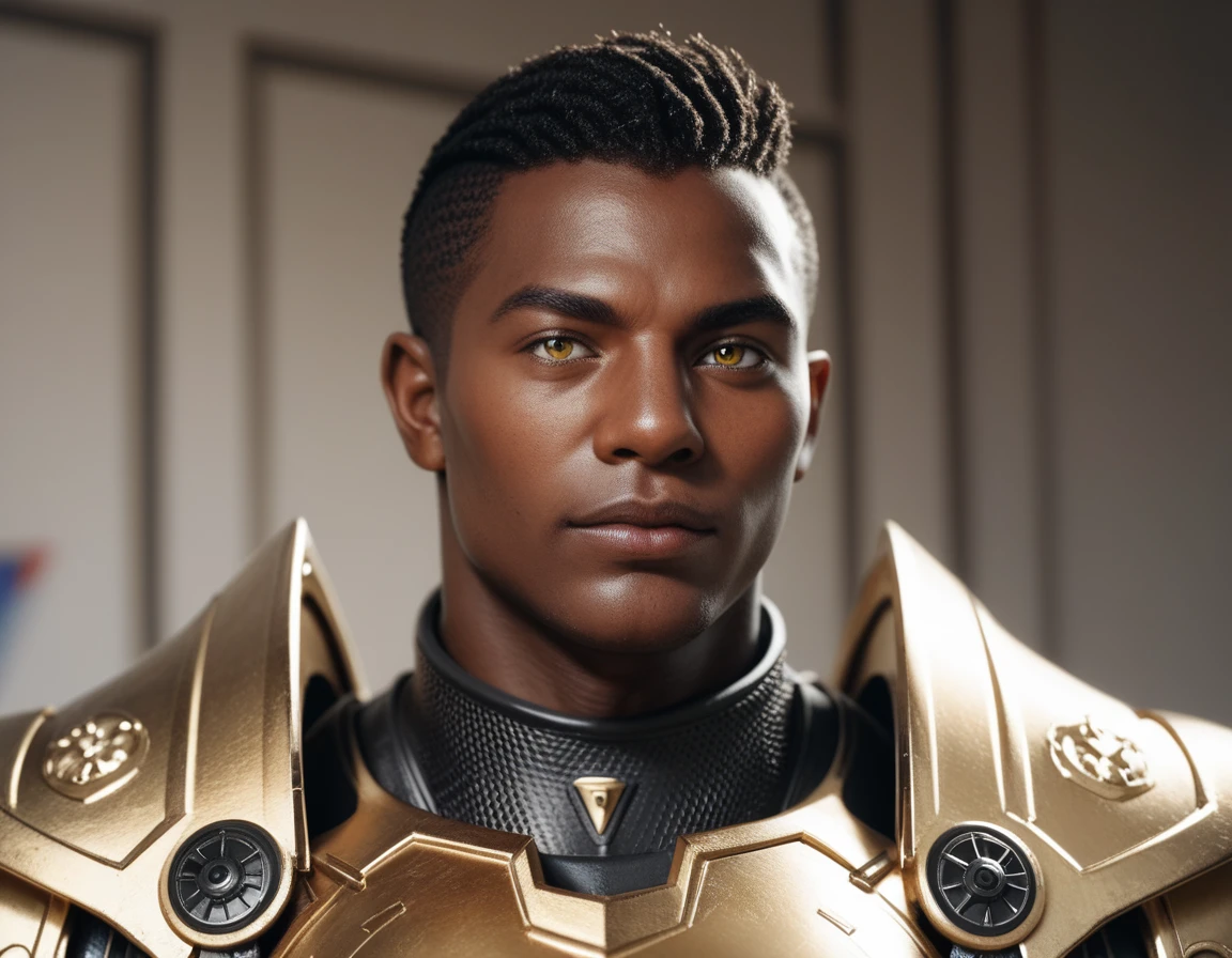 score_9_up, score_8_up, score_7_up, (masterpiece, high detailed), illustration, solo, 1 mature man, African skin, yellow eyes, black short hair, wearing, golden armor, cyber fantasy, armored with a broadsword and a blaster gun.