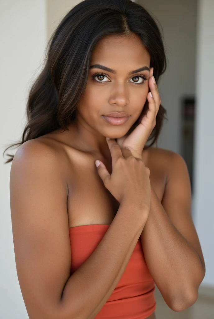 20 year old Dominican woman, slim; big chest, narrow waist, big hip; with a tight red dress, good neckline, short dress; Long and curly hair; large eyes, small nose, beautiful smile; night photo; In the background you can see the door of a nightclub; full body photography.