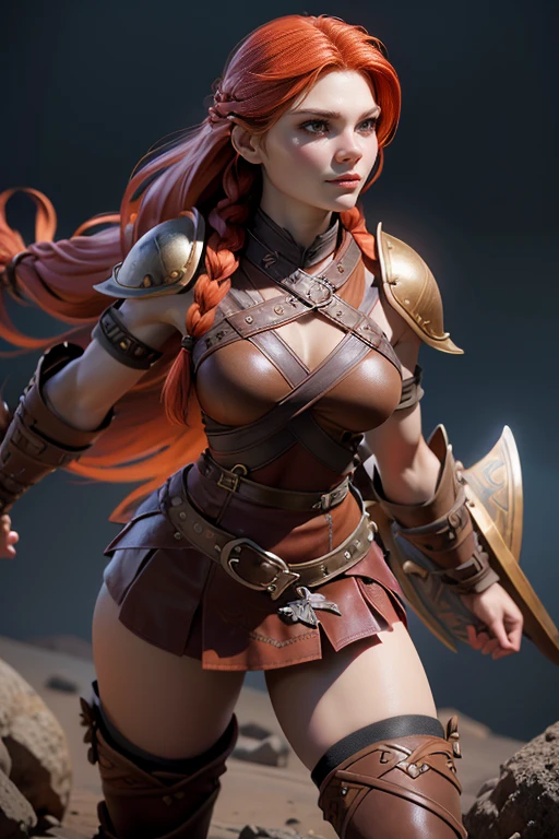  Young Viking woman , warrior,  long red hair tied in a single braid , fierce expression,  combat posture ,  amazonian body ,  woman wears leather armor with leather linings and Celtic and Nordic knots, fur skirt,  top quality,  masterpiece , super detail,  lyrics,  movie lighting,  plain white background , without patterns, No textures.