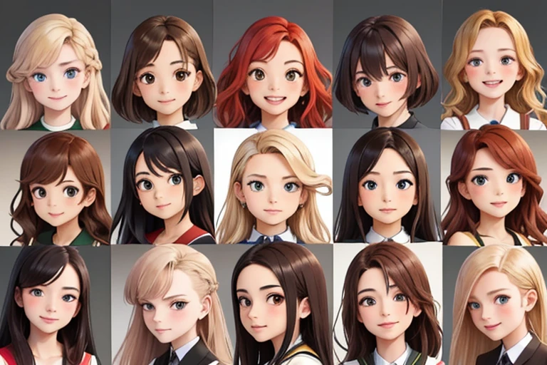 (Highest quality, masterpiece), A group photo of eight very unique and beautiful students, A variety of emotions, Various expressions, Stubborn pose, Different hair colors(There is only one redhead among them., Three Blondes, 2 brown hair、2 black haired people), Various Hair Styles, Different hair lengths, Different eye colors, Various body types, Different breast sizes, (There is definitely one flat chested Asian brunette + One muscular woman with short blonde hair + 1 long-haired redhead girl + 1 brunette hippie with braids + 1 Brown hair and flat chest + 1 short, curvy woman with brown hair), Graduation Photo Album, Beautiful Face, Upper Body
