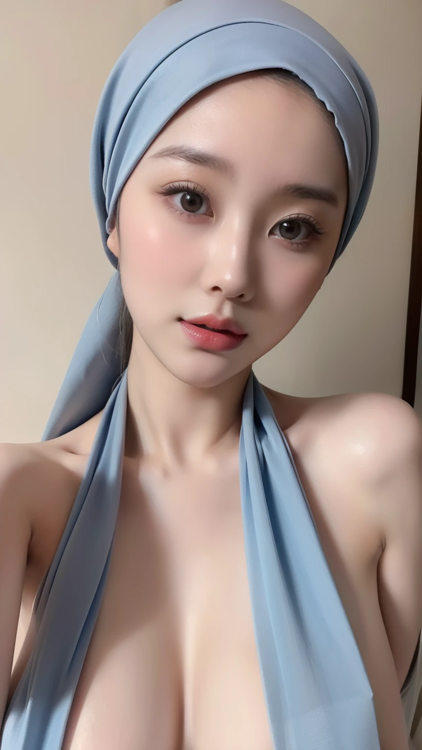 (best quality,4k,8k,highres,masterpiece:1.2),ultra-detailed,eyes detailed, face bright, face glow,(realistic,photorealistic,photo-realistic:1.37), girl,blue hijab pasmina,(blue beige hijab:1.2),asian korean beautiful girl girl,style SEX 18+ (fullnaked:1.5),erotic Asian korean Hijab, close up, (topless:1.3), nude, no hair hijab , pale pink nipples , upper body image, waist to head image , (bare breasts: 1.2), bare chest, bare shoulder, bare arms