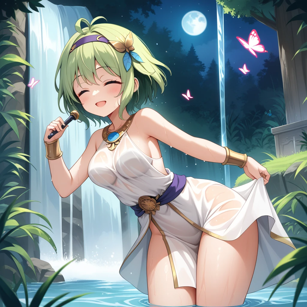 score_9, score_8_up

(masterpiece), best quality, expressive eyes, perfect face, perfect thighs, perfect anatomy, perfect breasts, perfect eyes, medium breasts, perfect thighs, perfect hips,

ninoss, blue eyes, green hair, short hair, antenna hair, purple hairband, hair ornament, greek clotches, greek goddess, white tunic, see-through, waterfall, behind waterfall, inside waterfall, wet clothes, inside water, smile, blush, moon, night sky, butterflies, forest, singing, eyes closed, 