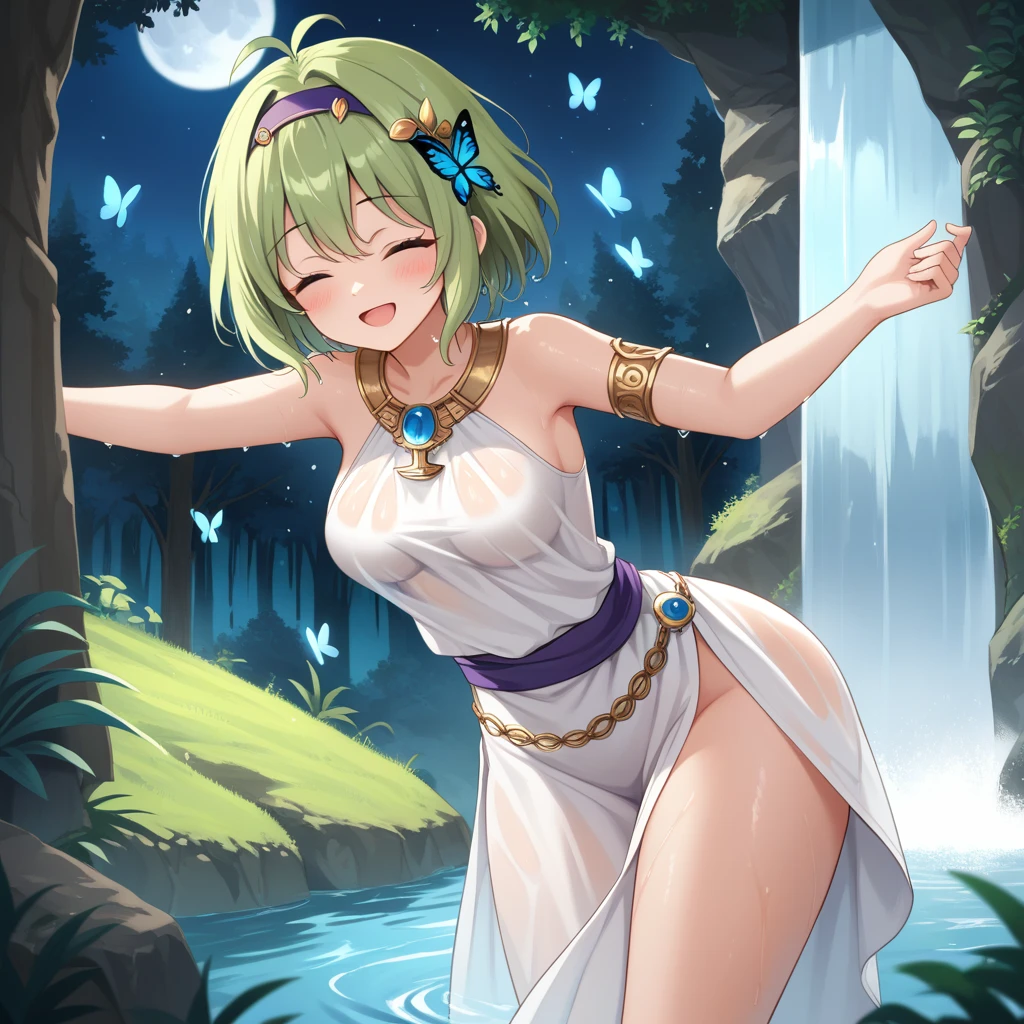 score_9, score_8_up

(masterpiece), best quality, expressive eyes, perfect face, perfect thighs, perfect anatomy, perfect breasts, perfect eyes, medium breasts, perfect thighs, perfect hips,

ninoss, blue eyes, green hair, short hair, antenna hair, purple hairband, hair ornament, greek clotches, greek goddess, white tunic, see-through, waterfall, behind waterfall, inside waterfall, wet clothes, inside water, smile, blush, moon, night sky, butterflies, forest, singing, eyes closed, 