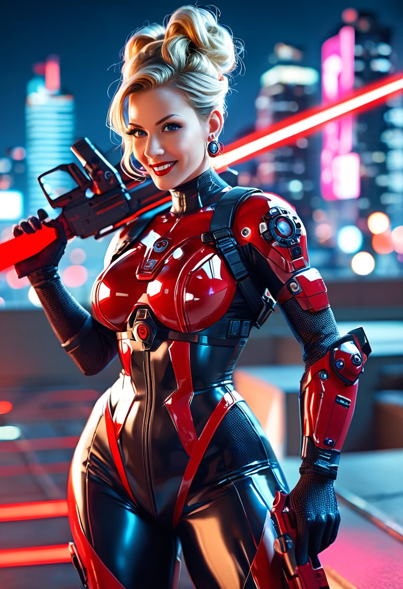 score_9, score_8_up, score_7_up, source_cartoon, a mesmerizing,, european girl, holding big weapon, pony tail hair style, 1girl, blonde hair,, futuristic combat suit, red-black two tones armor, combat suit, elbow gloves, full armor, sexy curves, red lipstick, mature female, brown eyes, earrings, mature female, neon-lit cityscape, high-tech aesthetics, reflective surfaces, night-time urban setting, vibrant color palette, dynamic action pose, cyberpunk city background, skyscrapers background, (((on a rooftop))), explotions on background, eyelashes, large breasts, red-black two tones armor, combat suit, (perfect eyes). perfect teeth, (perfect fingers), red lips, ((big hips)), (hourglass body), (wide hips:1.5), ,earrings, Perfect Hands, hourglass body shape, ((blurry background)), (perfect eyes), 4K,good quality,ultra detailed,more detail XL,FuturEvoLab-lora-mecha,