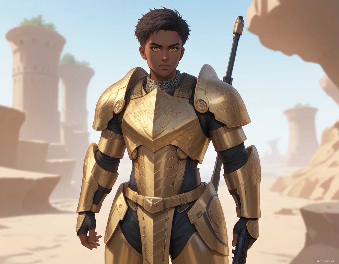 score_9_up, score_8_up, score_7_up, (masterpiece, high detailed), illustration, solo, 1 mature man, African skin, yellow eyes, black short hair, wearing, golden armor, cyber fantasy, armored with a broadsword and a blaster gun. 