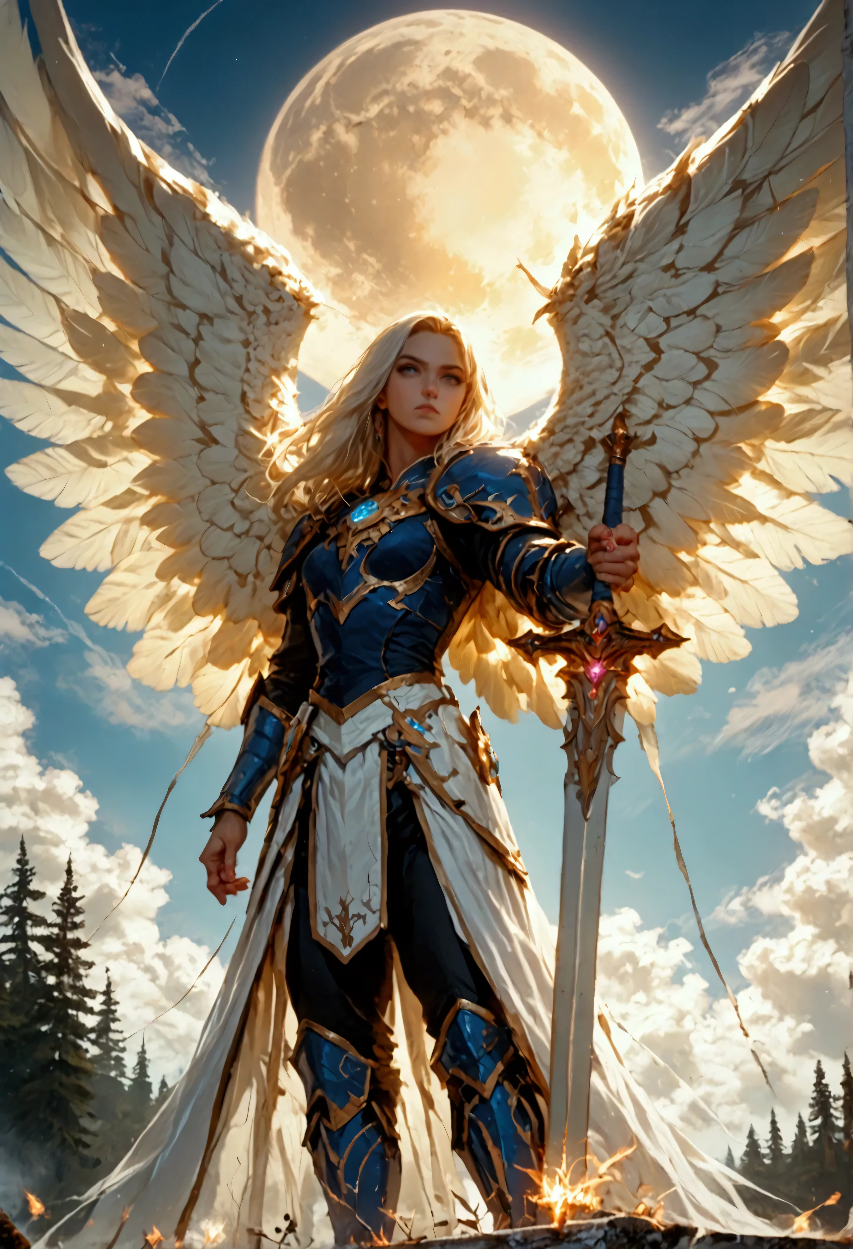 score_9, score_8_up, score_7, an epic fantasy art portrait of aasimar, female, paladin ready for battle under the full moon, holy warrior, spread large feathered wings, majestic wings, white angelic wings spread (Masterpiece, intense details: 1.5), moon light, moon, stars, clouds, holy symbol, armed with a divine sword, wearing holy armor, dynamic hair color, dynamic hair style, dynamic skin complexion, dark fantasy (forest background: 1.3), many trees, under the moonlight, some stars in the sky, some clouds, moon rays, determined face, god rays, cinematic lighting, glowing light, silhouette, from outside, photorealism, panoramic view (Masterpiece 1.3, intense details) , Wide-Angle, Ultra-Wide Angle, 16k, highres, best quality, high details, 16K, ultra detailed, masterpiece, best quality, (extremely detailed), arafed, dnd art, portrait, full body, magical sky, cloud, sky, hkstyle