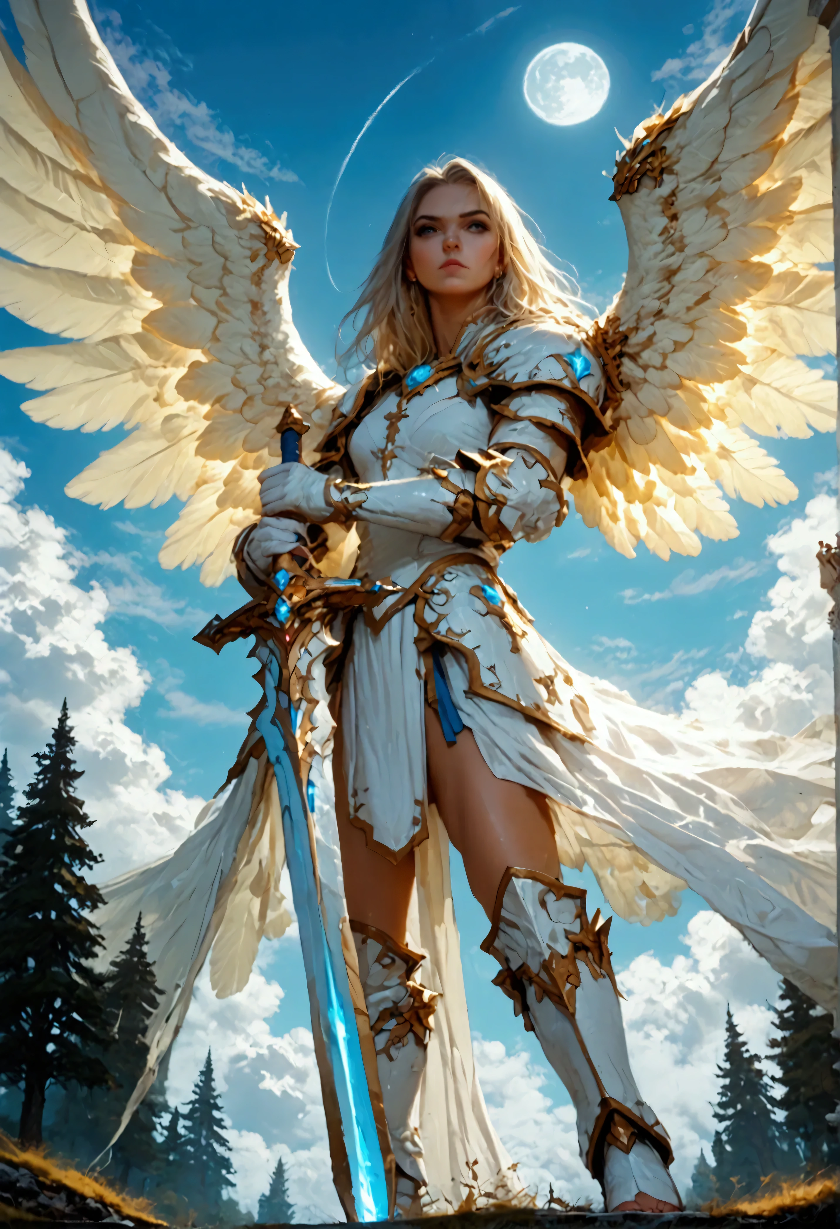 score_9, score_8_up, score_7, an epic fantasy art portrait of aasimar, female, paladin ready for battle under the full moon, holy warrior, spread large feathered wings, majestic wings, white angelic wings spread (Masterpiece, intense details: 1.5), moon light, moon, stars, clouds, holy symbol, armed with a divine sword, wearing holy armor, dynamic hair color, dynamic hair style, dynamic skin complexion, dark fantasy (forest background: 1.3), many trees, under the moonlight, some stars in the sky, some clouds, moon rays, determined face, god rays, cinematic lighting, glowing light, silhouette, from outside, photorealism, panoramic view (Masterpiece 1.3, intense details) , Wide-Angle, Ultra-Wide Angle, 16k, highres, best quality, high details, 16K, ultra detailed, masterpiece, best quality, (extremely detailed), arafed, dnd art, portrait, full body, magical sky, cloud, sky, hkstyle