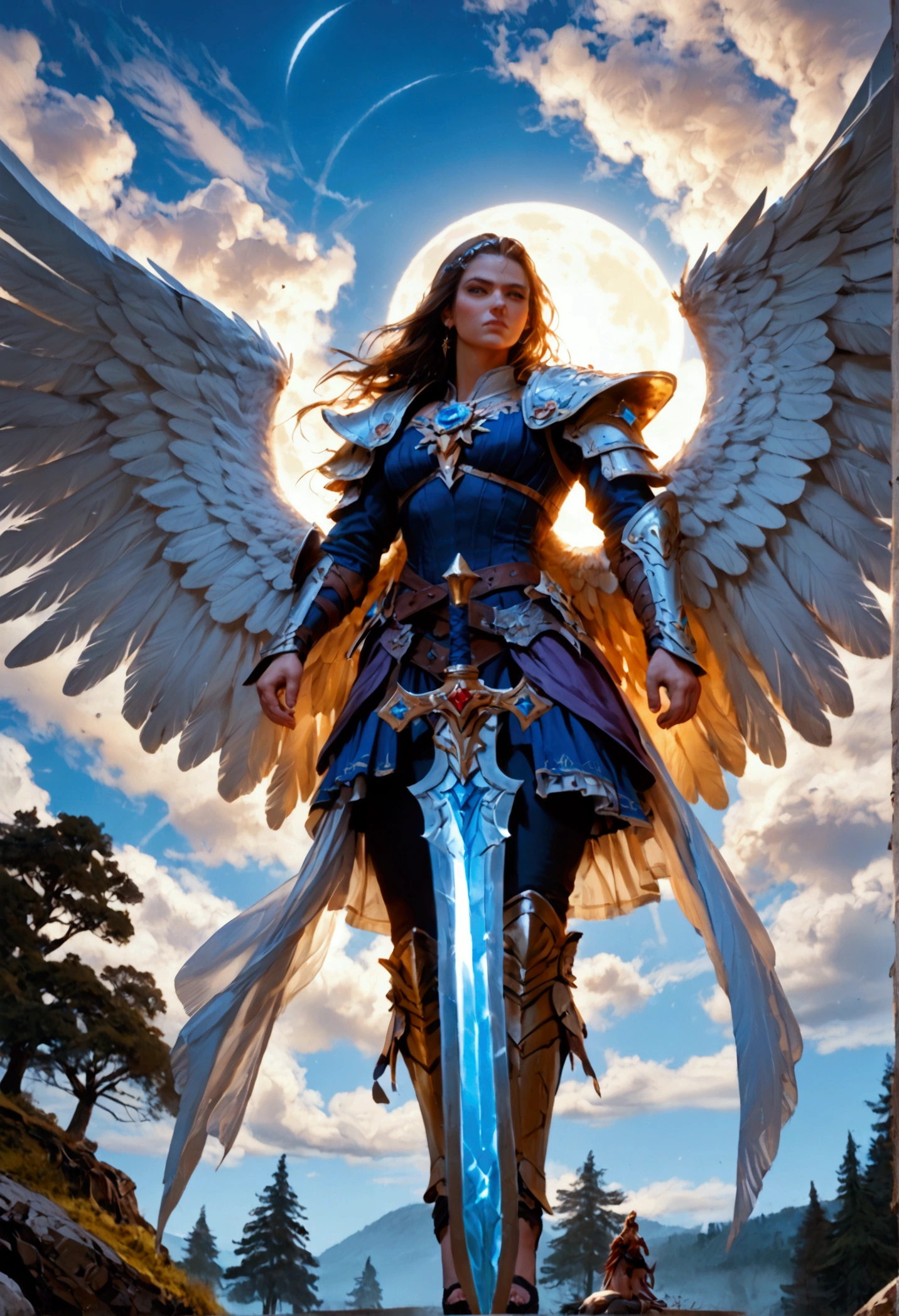 score_9, score_8_up, score_7, an epic fantasy art portrait of aasimar, female, paladin ready for battle under the full moon, holy warrior, spread large feathered wings, majestic wings, white angelic wings spread (Masterpiece, intense details: 1.5), moon light, moon, stars, clouds, holy symbol, armed with a divine sword, wearing holy armor, dynamic hair color, dynamic hair style, dynamic skin complexion, dark fantasy (forest background: 1.3), many trees, under the moonlight, some stars in the sky, some clouds, moon rays, determined face, god rays, cinematic lighting, glowing light, silhouette, from outside, photorealism, panoramic view (Masterpiece 1.3, intense details) , Wide-Angle, Ultra-Wide Angle, 16k, highres, best quality, high details, 16K, ultra detailed, masterpiece, best quality, (extremely detailed), arafed, dnd art, portrait, full body, magical sky, cloud, sky, hkstyle