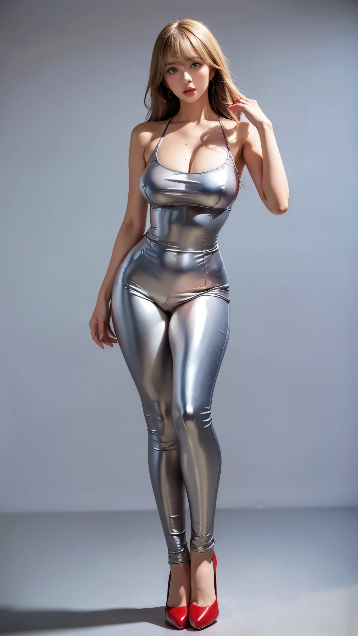  girl, bangs, Wear unusual costumes from the Paris Collection, Bare shoulders, gray background,  hair between eyes , Big Breasts, Long Hair,  viewer,  open lips, red eyes, shirt,  simple background, Alone, Blonde,(shiny skin),(masterpiece:1.4),(Best Quality:1.4),Fashi Girl,Red lips,Perfect Abs, Huge, sweat,posing model,(((Full body outfit, Full Body Shot )))