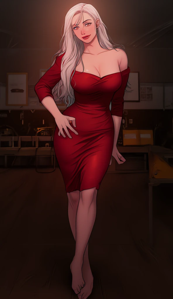 8k, RAW Photo, Photorealistic: 1.25), (Lip Gloss, Eyelashes, Glossy Face, Glossy Skin, Best Quality, Ultra High Resolution, Depth of Field, Chromatic Aberration, Caustics, Moisturized Lips, Ultra-Trimmed Face, Radiant Detailed Eyes,1woman,dark_skinned,dress,looking at viewer,standing,correct_anatomy,parted_lips,long_hair,forehead,mature_female,,hands_on_hips,smirk,curvy,big boobs,thighs,blonde_hair