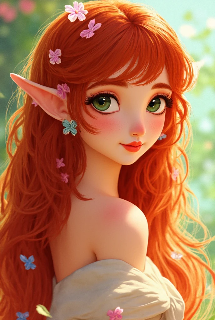 A beautiful elf princess with long red hair, freckles, bangs, and green eyes, wearing flower earrings, in a blurred floral background, (best quality,4k,8k,highres,masterpiece:1.2),ultra-detailed,(realistic,photorealistic,photo-realistic:1.37),watercolor,vibrant colors,intricate details,cinematic lighting