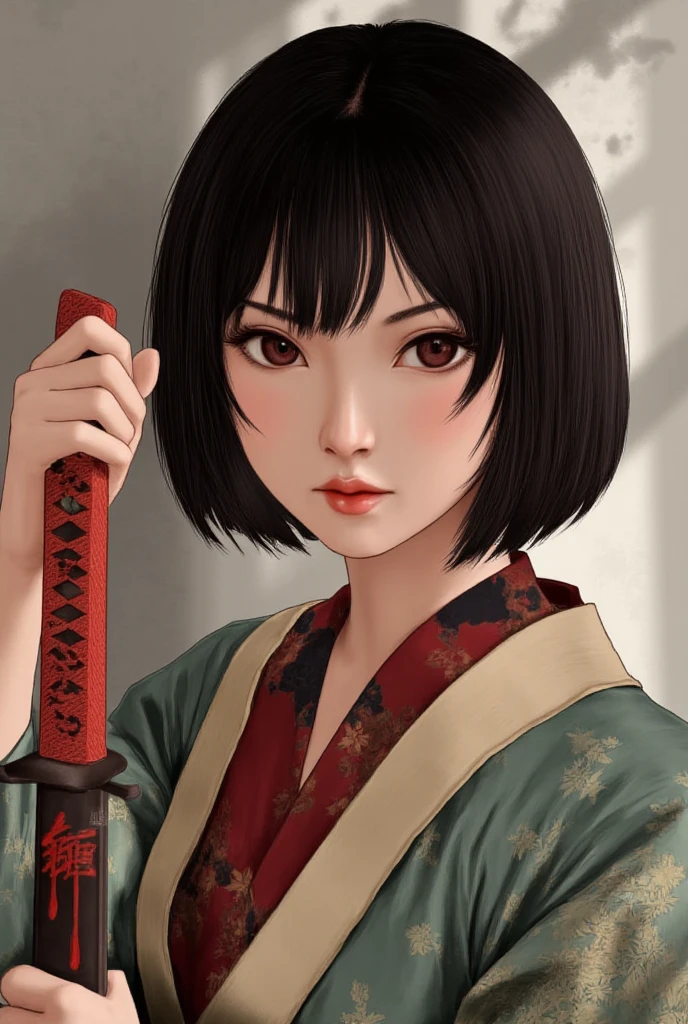 a beautiful japanese girl in traditional clothes, short dark hair, holding a katana sword, looking directly at the viewer, smiling, hand on hip, sheathed sword, upper body, closed mouth, (best quality,4k,8k,highres,masterpiece:1.2),ultra-detailed,(realistic,photorealistic,photo-realistic:1.37),intricate details,beautiful eyes,beautiful lips,extremely detailed face and eyes,long eyelashes,vibrant colors,natural lighting,cinematic,digital painting