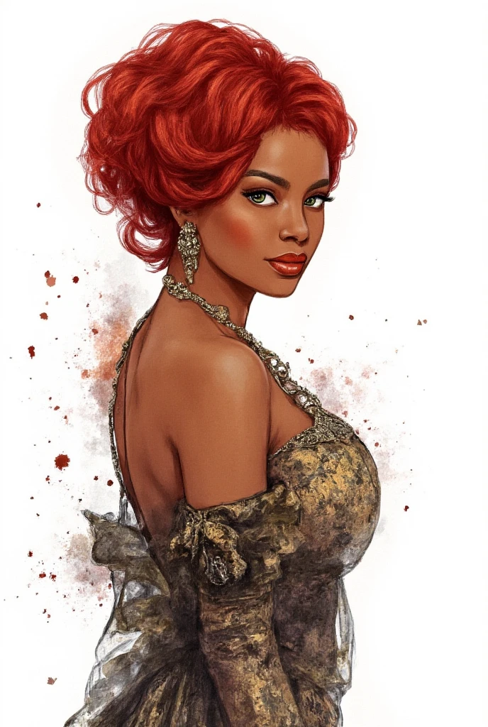  black woman with red hair and light green eyes, Wear elegant party clothes, Scattered outlines and white background,  intricate detail ,  discreet , watercolor,  splash