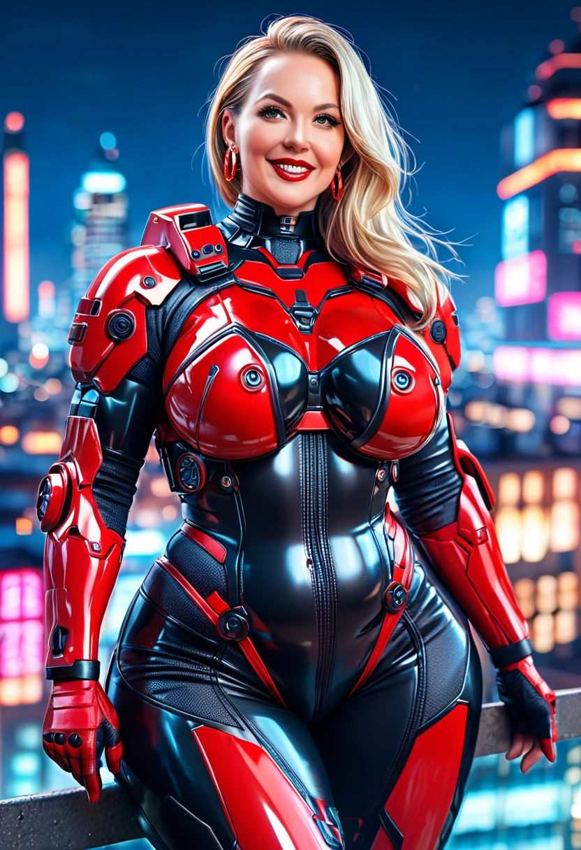 score_9, score_8_up, score_7_up, source_cartoon, a mesmerizing,, european girl, holding big weapon,  long hair, 1girl, blonde hair,, futuristic combat suit, red-black two tones armor, combat suit, elbow gloves, full armor, sexy curves, red lipstick, chubby woman, (wide hips:1.5).  mature female, brown eyes, earrings, mature female, neon-lit cityscape, high-tech aesthetics, reflective surfaces, night-time urban setting, vibrant color palette, dynamic action pose, cyberpunk city background, skyscrapers background, (((on a rooftop))), explotions on background, eyelashes, large breasts, red-black two tones armor, combat suit, (perfect eyes). perfect teeth, (perfect fingers), red lips, ((big hips)), (hourglass body), (wide hips:1.5), ,earrings, Perfect Hands, hourglass body shape, ((blurry background)), (perfect eyes), 4K,good quality,ultra detailed,more detail XL,FuturEvoLab-lora-mecha,