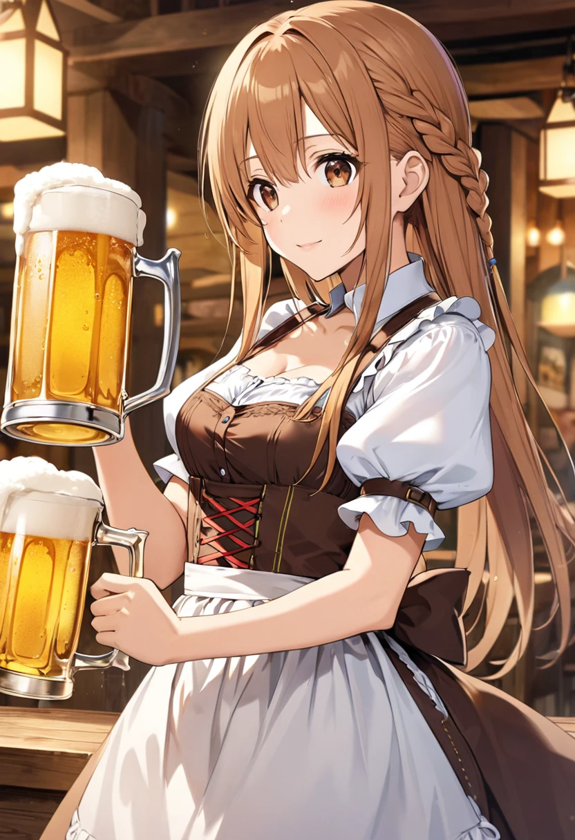 yuuki asuna, brown eyes, brown hair, long hair, bangs, braid, dirndl, holding cup, beer mug, short puffy sleeves