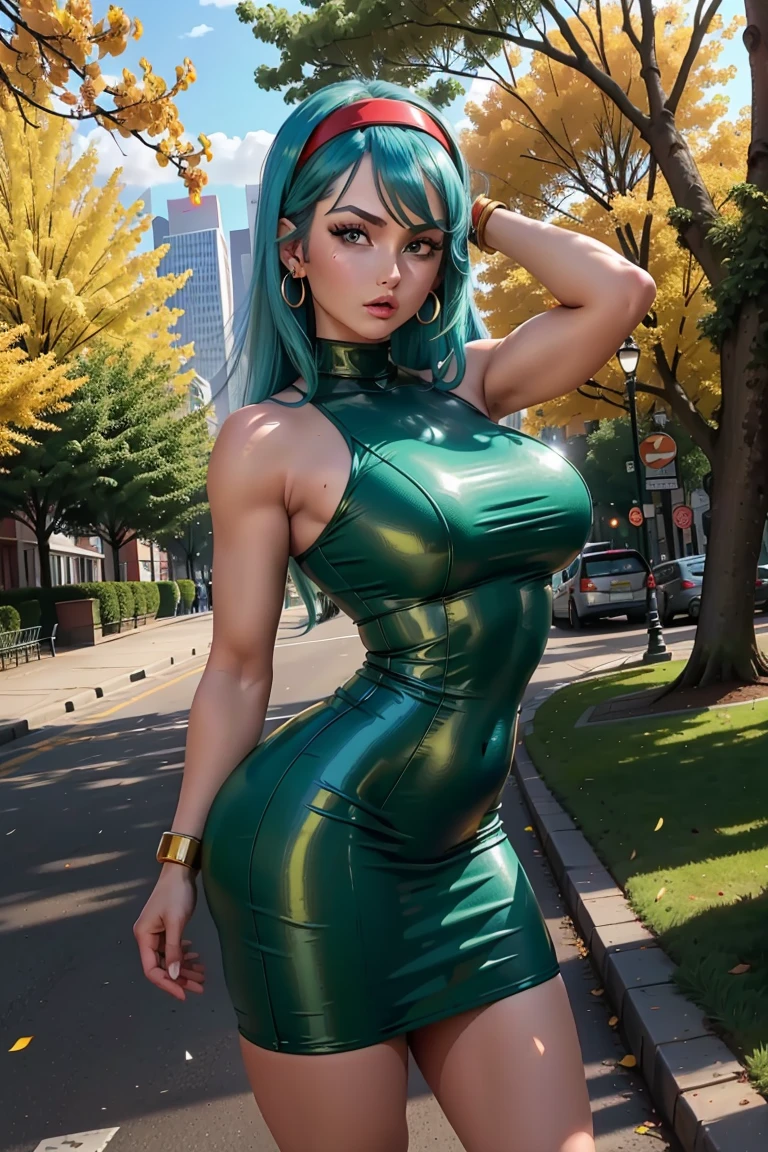 (masterpiece:1.2),( high quality:1.1), bulla,pout, long hair, straight hair,bangs, aqua hair, blue eyes, mascara, long lashes, hairband, red hairband, earrings, bodycon dress, sleeveless, city park, trees, grass, sunshine, blurry background,(looking at viewer, Bend forward:1.1),, huge breast,large breast,(beautifully lit:1.1),