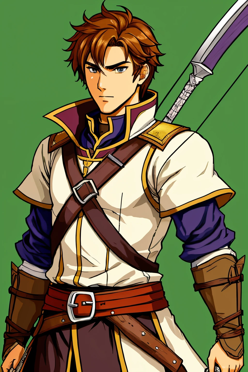 A fire emblem character portrait. His name is Francis, he is an archer who took part in the Archanean and Nohrian-Hoshidan conflicts. He is 24, browned-eyed light-brown haired, with a blonde lock of hair, as of is french origins. He can be described as brave, generous, quit-witted and tired. He is skilled at archery, martial arts and swordplay.