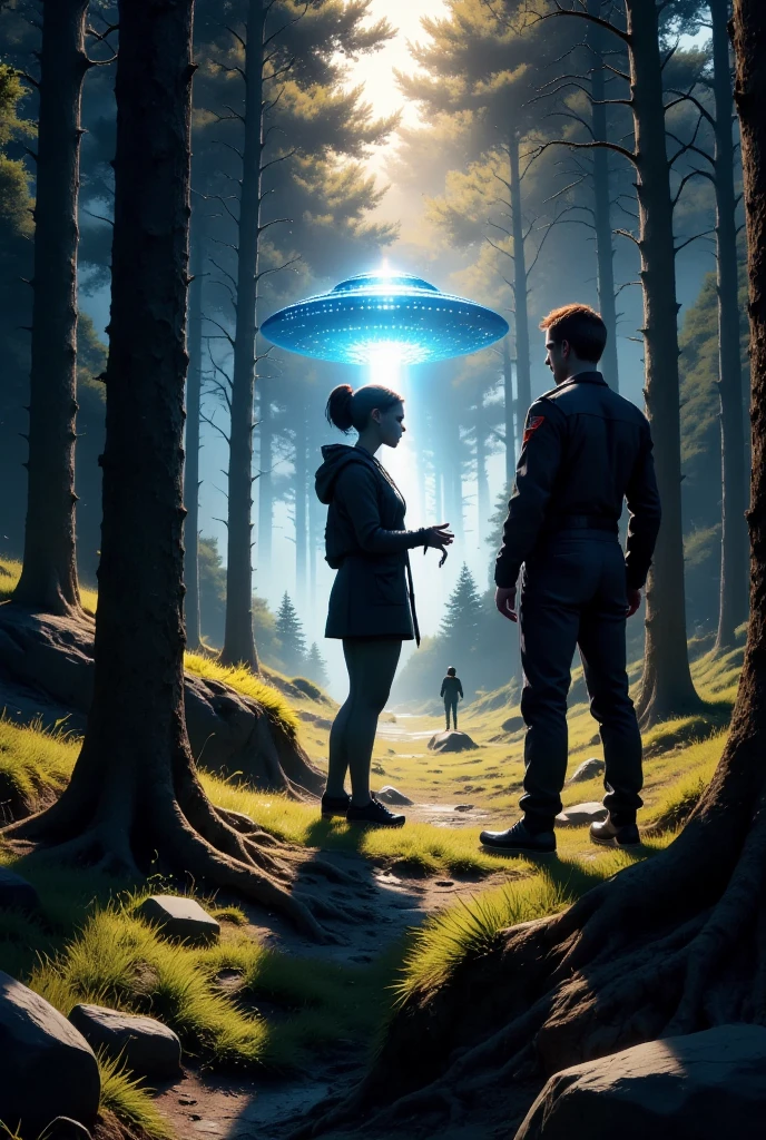 a mysterious figure in a foggy forest, a grey alien in deep discussion with a high-ranking military official, a landed UFO emitting a powerful holographic light, the silhouette of a figure stretching toward the light, classified documents, X-files inspired design, cinematic lighting, moody atmosphere, detailed textures and materials, high resolution, photorealistic, masterpiece