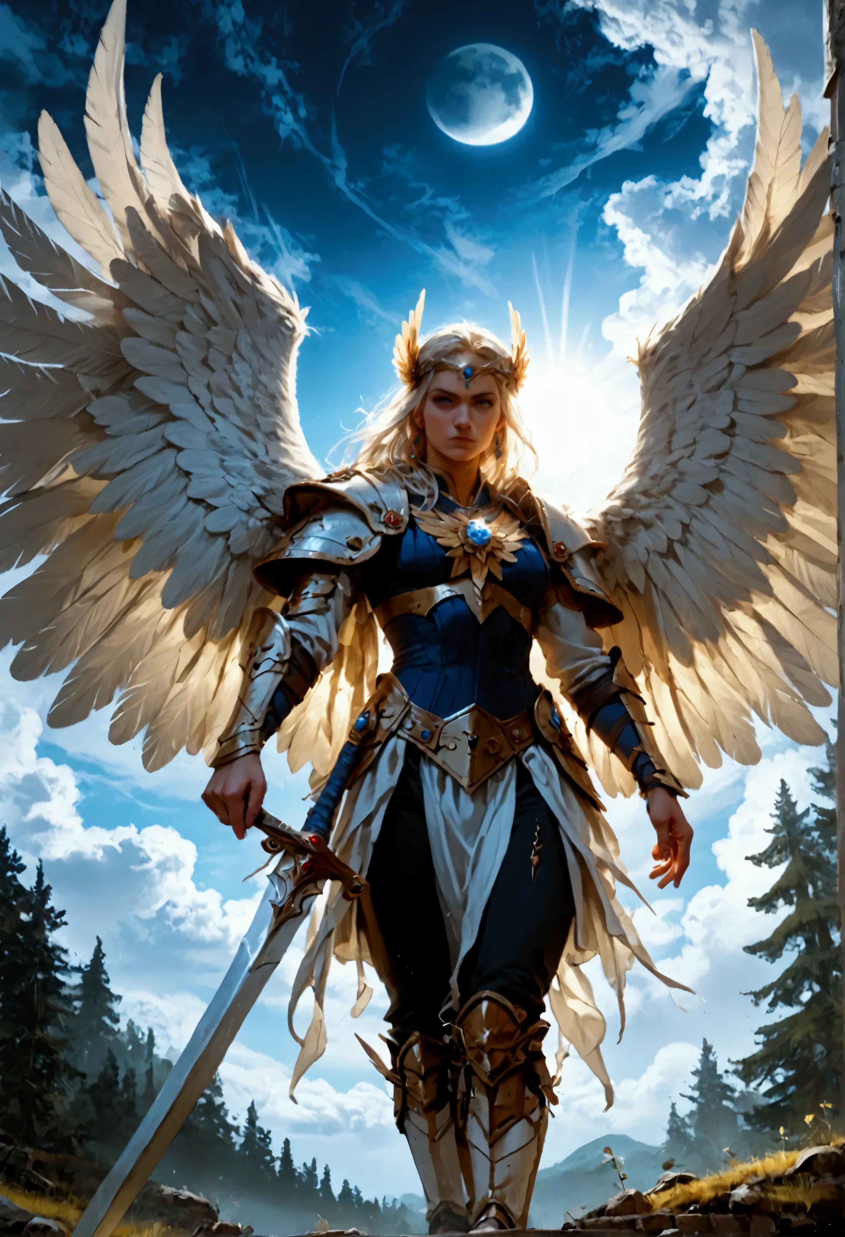 score_9, score_8_up, score_7, an epic fantasy art portrait of aasimar, female, paladin ready for battle under the full moon, holy warrior, spread large feathered wings, majestic wings, white angelic wings spread (Masterpiece, intense details: 1.5), moon light, moon, stars, clouds, holy symbol, armed with a divine sword, wearing holy armor, dynamic hair color, dynamic hair style, dynamic skin complexion, dark fantasy (forest background: 1.3), many trees, under the moonlight, some stars in the sky, some clouds, moon rays, determined face, god rays, cinematic lighting, glowing light, silhouette, from outside, photorealism, panoramic view (Masterpiece 1.3, intense details) , Wide-Angle, Ultra-Wide Angle, 16k, highres, best quality, high details, 16K, ultra detailed, masterpiece, best quality, (extremely detailed), arafed, dnd art, portrait, full body, magical sky, cloud, sky, hkstyle