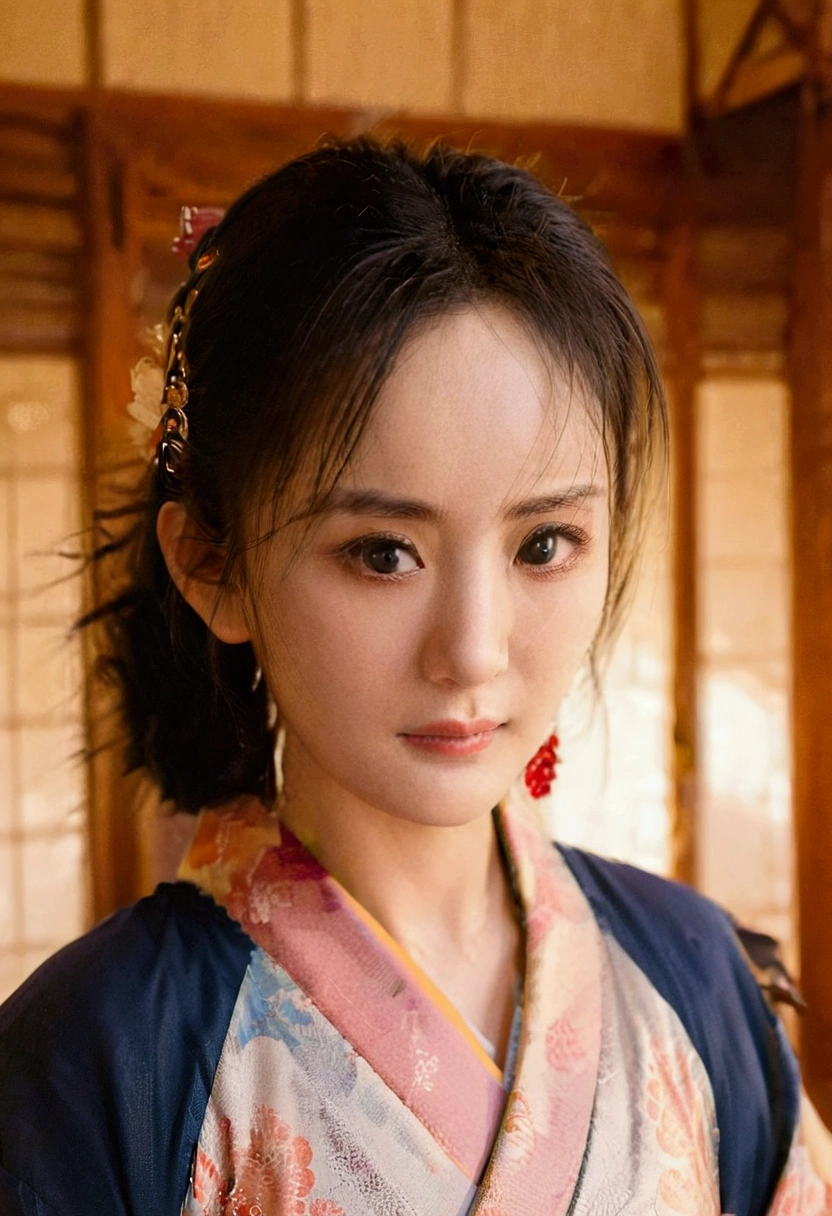 Beauty female samurai, she has long black hair, wearing kimono, armed with a katana, dojo room, detailed body shape, perfect beauty Korean face oval head.