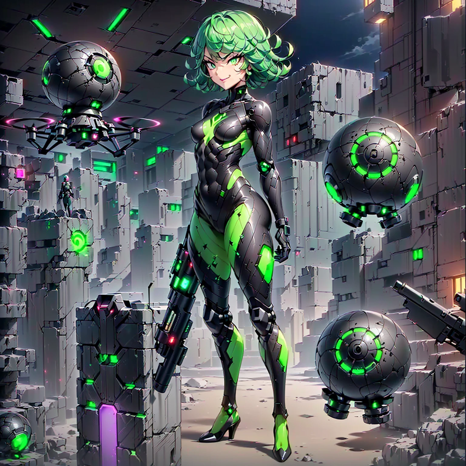 ((1girl, solo ,alone, tatsumaki, green hair, green eyes, small breasts, small bust, short hair, fitness, short stature, tiny breasts)), ((solo, 1woman, pink lipstick, Extremely detailed, ambient soft lighting, 4k, perfect eyes, a perfect face, perfect lighting, a 1girl)), austere, ((fitness, , shapely body, athletic body, toned body)) , ((militant combatants, wearing hologram armored combat suits that fit tightly to the body and blend into the surrounding scenery, cyberpunk armor suit, woman, cyber armor, smug, smug, framing against diving, cyberpunk city, armor, bodysuit, mecha, robot, ((black armor, dark green and black armor suit, night, full moon, japanese temple, gun, cyberpunk temple, trees, neon lights, cyberpunk city, jade, cyberpunk city, accompanied by a futuristic drone, floating spheres, surrounded by drones, flying, floating, high heels, armed, holding a futuristic weapon, cyberpunk rifle)), red lipstick, fan, sky, clouds, outdoors, night sky))