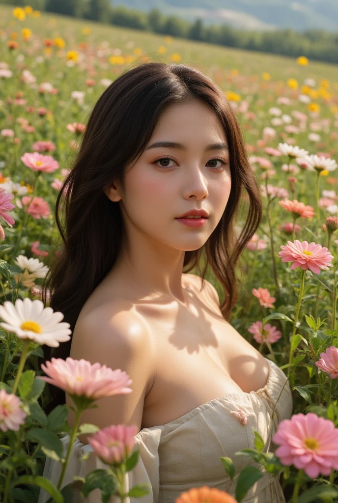 (((Exposing breasts 1.6))),(((Exposing breasts 1.6))),(((Exposing breasts 1.6))),masterpiece, Highest quality, 8k, Absurd, Beautiful medium long bob hair,Woman in her late 20s, That shy expression is cute, （Sensual Style）,(（Seven episodes were filmed...........1.4）), (Nude 1.5), No makeup, The near road and the far road, Written boundary depth, Surreal, High resolution, photograph, Sharp focus, Face lamp, Dynamic Lighting, highest detailed, ,Extreme detaileds、Super detaileded、detailed、Real Skin、elegant features、Positive and optimistic、（The background is a colorful flower field)
