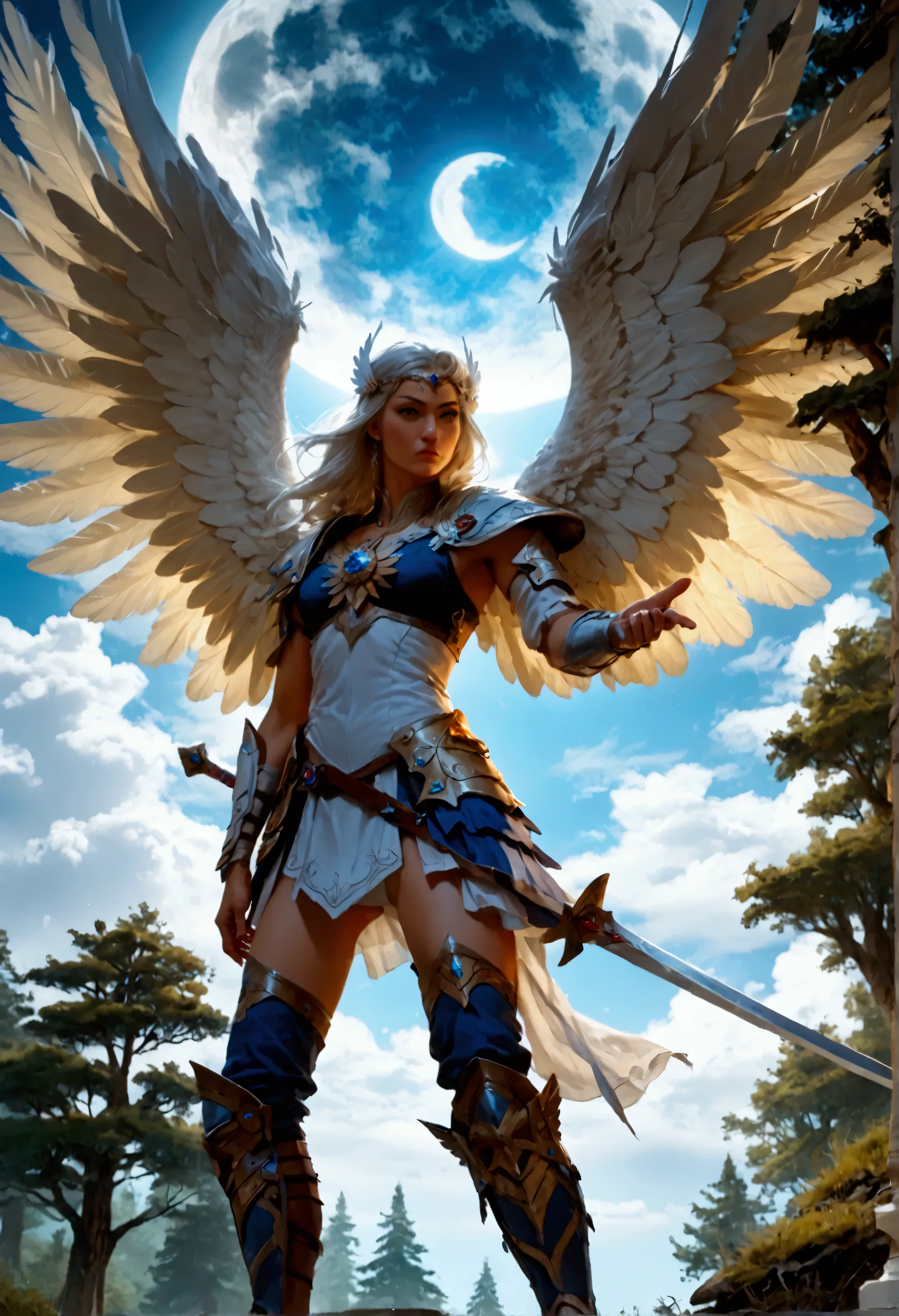 score_9, score_8_up, score_7, an epic fantasy art portrait of aasimar, female, paladin ready for battle under the full moon, holy warrior, spread large feathered wings, majestic wings, white angelic wings spread (Masterpiece, intense details: 1.5), moon light, moon, stars, clouds, holy symbol, armed with a divine sword, wearing holy armor, dynamic hair color, dynamic hair style, dynamic skin complexion, dark fantasy (forest background: 1.3), many trees, under the moonlight, some stars in the sky, some clouds, moon rays, determined face, god rays, cinematic lighting, glowing light, silhouette, from outside, photorealism, panoramic view (Masterpiece 1.3, intense details) , Wide-Angle, Ultra-Wide Angle, 16k, highres, best quality, high details, 16K, ultra detailed, masterpiece, best quality, (extremely detailed), arafed, dnd art, portrait, full body, magical sky, cloud, sky, hkstyle