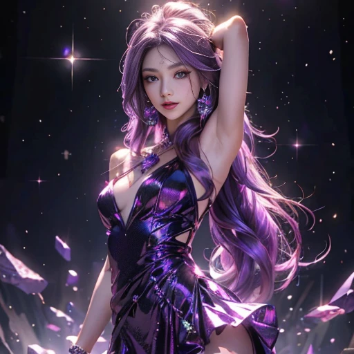 . 

professional photo, gentle face, bust, 
woman with glitter on her body and long hair, сияющая волшебная shiny skin, shiny hair, Karol Buck, With lots of sparkling light, brilliant shiny hair, light effect. female, Sparkling skin, Brilliant accents on the figure, glowing flowing hair, Shiny GIF, sparkles and glitters, Flowing hair with lighting, Shiny make-up, shiny skin