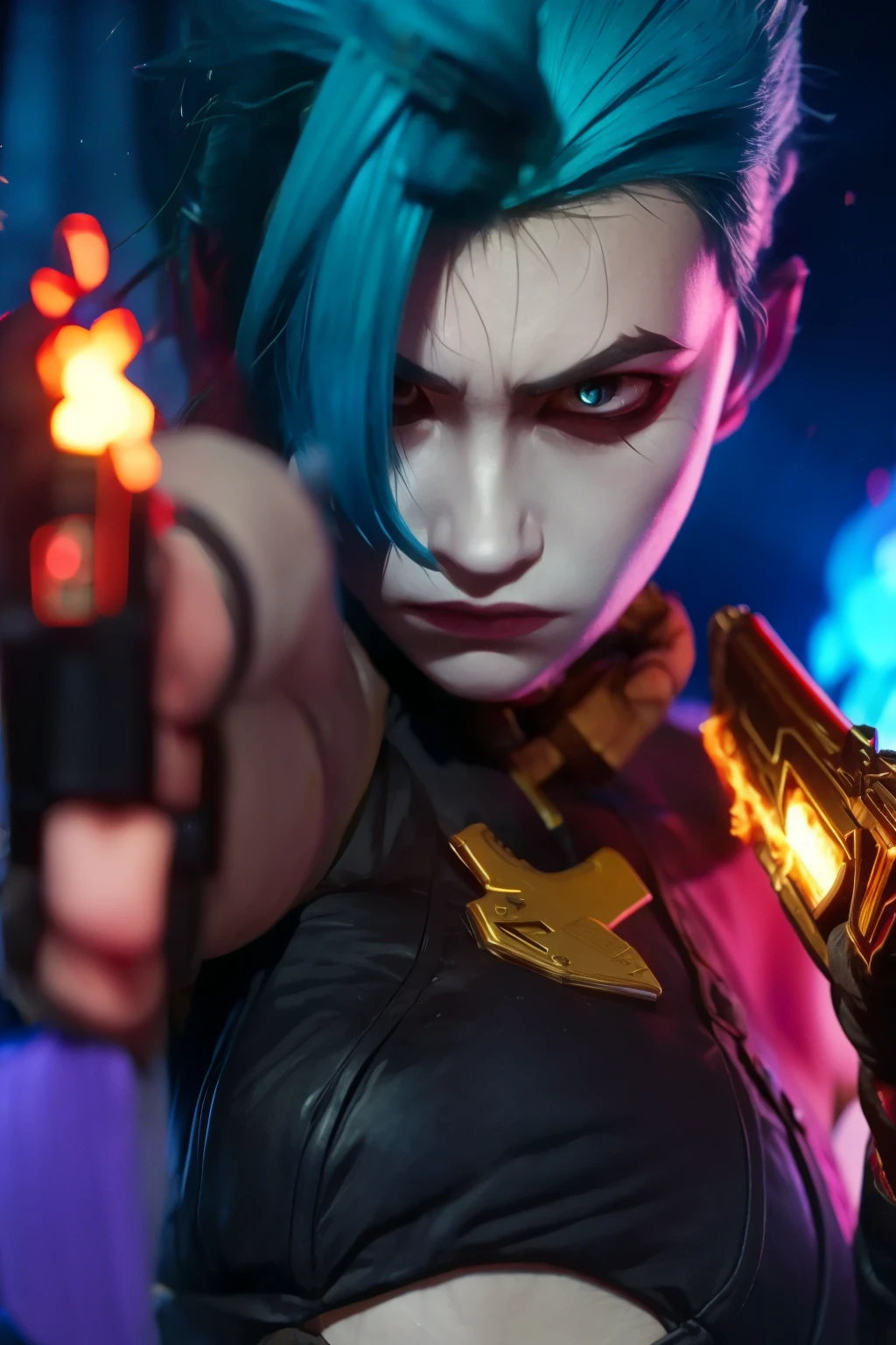 jinx league of legends, detailed eyes, angry face, firing a pistol, holding gun, fire gun. 