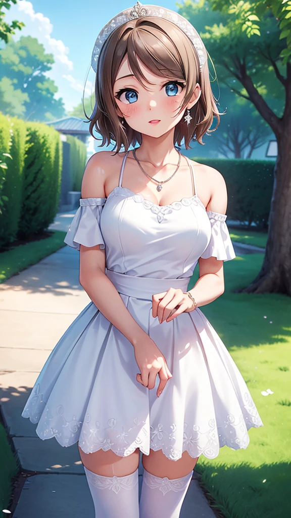 (Masterpiece), 8k wallpaper, solo, Watanabe you, game cg, beautiful detailed face and eyes, perfect anatomy, standing, outside, blush, glossy lips, wedding dress, off the shoulder, necklace, jewelry, (skirt parted in front), white thigh highs, 