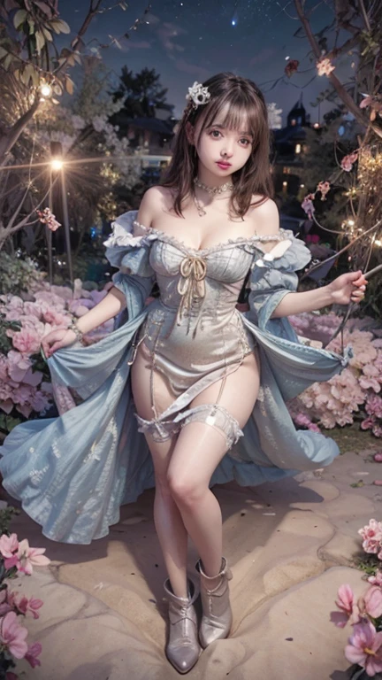 (nsfw), sexy stylish Thai princess, only 1 female, ((doll-like appearance)), short Auburn stylish hair, ((shiny Victorian-Style boots)), (big smile), ultra detailed eyes, vivid makeup, lip-gloss, long lashes, defined eyebrows, ((sexy Paradise Kiss cosplay)), bell-shaped skirt, petticoats, high neckline, puffed sleeves, ((ultra detailed lace)), ((ultra detailed embroidery)), intricate details, Paradise Kiss accessoires and matching headpiece, choker, ((large sparkling Paradise Kiss jewelry)), cinematic light, detailed large park background with trees