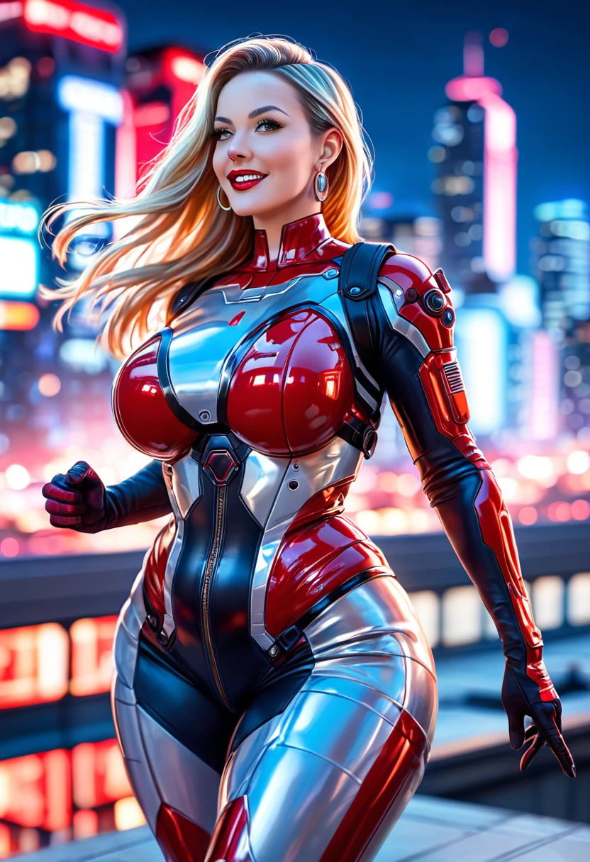  score_9, score_8_up, score_7_up , a mesmerizing,, european girl, holding big weapon, long hair, 1girl, blonde hair,, futuristic combat suit, red-black two tones armor, combat suit, elbow gloves, full armor, sexy curves, red lipstick, chubby woman, (wide hips:1.5). mature female, brown eyes, earrings, mature female, neon-lit cityscape, high-tech aesthetics, reflective surfaces, night-time urban setting, vibrant color palette, dynamic action pose, cyberpunk city background, skyscrapers background, (((on a rooftop))), explotions on background, eyelashes, large breasts, red-black two tones armor, combat suit, (perfect eyes). perfect teeth, (perfect fingers), red lips, ((big hips)), (hourglass body), (wide hips:1.5), ,earrings, Perfect Hands, hourglass body shape, ((blurry background)), (perfect eyes), 4K,good quality,ultra detailed,more detail XL,FuturEvoLab-lora-mecha,