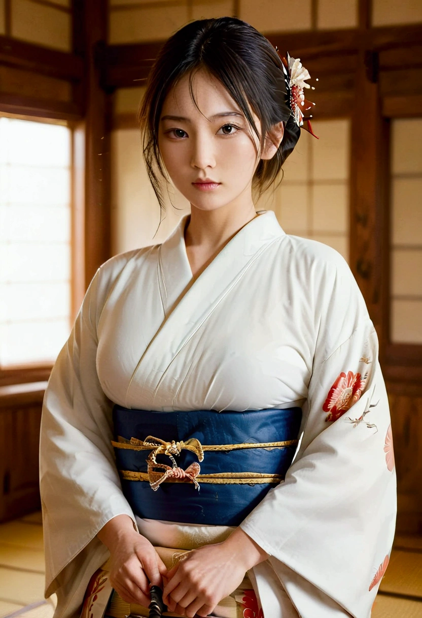 Beauty female samurai, she has long black hair, wearing kimono, armed with a katana, dojo room, detailed body shape, perfect beauty Korean face oval head, holding katana, full body, japanese background artwork, masterpiece, whole body in picture, with katana