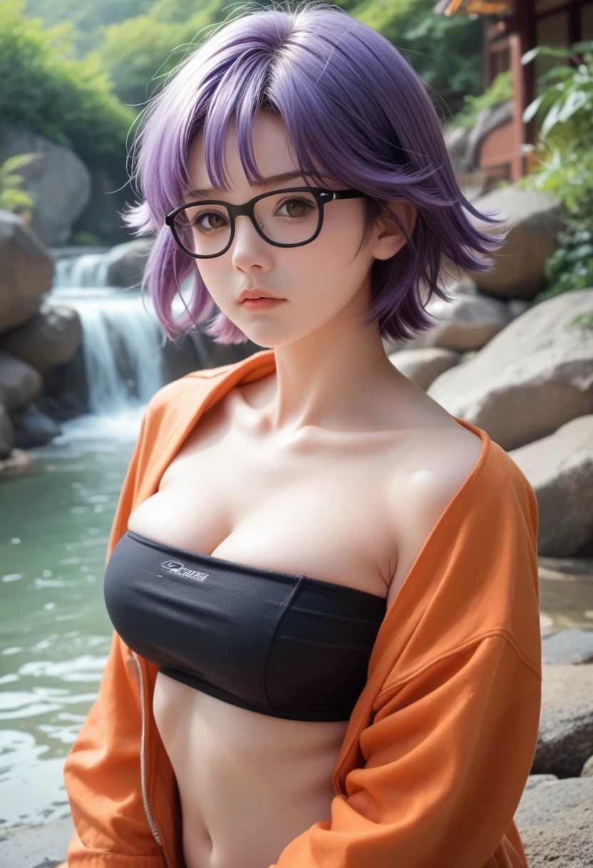 (Photorealism: 1.2) Beautiful girl, very large breasts, pale white skin, short purple hair, beautiful brown eyes, black eyeliner, teen face. Hotspring background. Orange jacket over a black tube top and black bikini botto. It says "Capsule Corp" on her tube top in white letters. Black Glasses. Lucca from chrono trigger. 